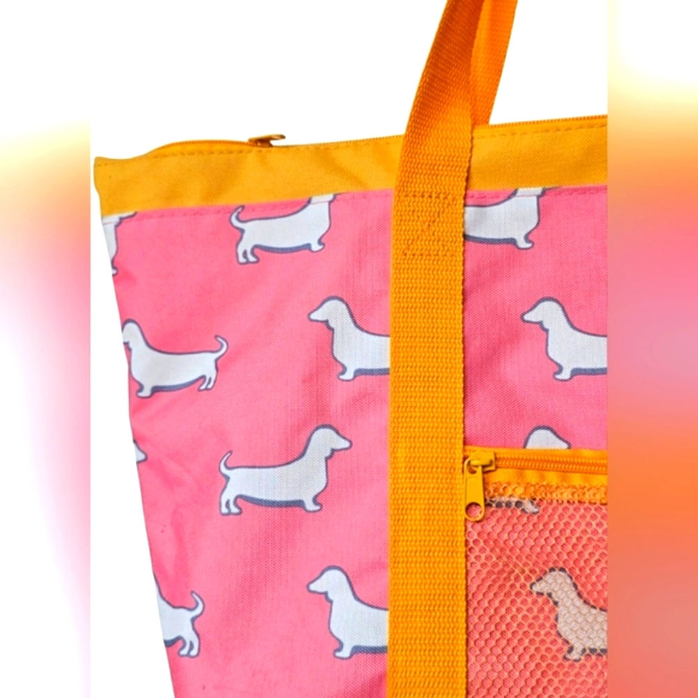 RARE Crown & Ivy Dashund Dog Large Cooler Tote Bag Pink & Orange Purse Mesh - Picture 3 of 9